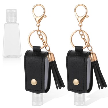 2 Pcs Portable Hand Sanitizer Bottles with Keychain, Refillable Travel Containers, 1oz/30ml Squeeze Bottles for Toiletry Lotion Liquid Soap Shampoo (Black)