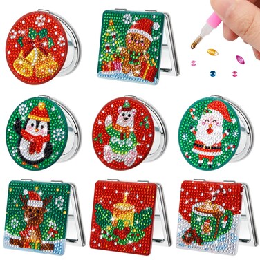 8 Pcs Christmas Makeup Diamond Painting Mirrors DIY Crystal Diamond Painting Pocket Mirror Compact Diamond Art Kits Portable Folding Purse Mirror Christmas Decoration Crafts Birthday Gifts for Adults