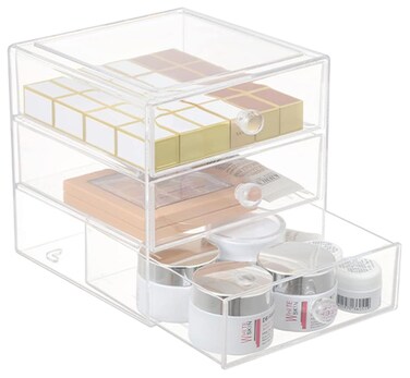 Makeup Drawer Organizer Box with 3 Drawers, Acrylic Cosmetic Display Case Vanity Organizer Jewelry Storage Box Stackable Storage for Cosmetics, Skin Care, Bathroom, Countertop, Clear