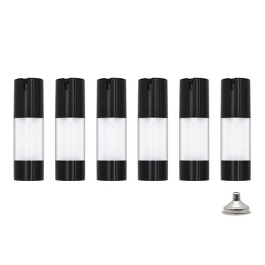 6Pcs 1oz 30ml Frosted Transparent Airless Pump Bottles with Funnel, Travel Size Vacuum Dispenser Refillable Cosmetic Containers For Foundations, Cream, Serums, Shampoo, Lotion(Black)