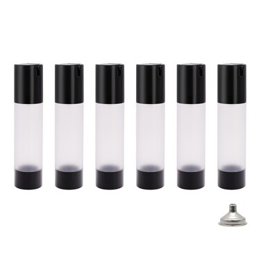6Pcs 1.7oz 50ml Frosted Transparent Airless Pump Bottles with Funnel, Travel Size Vacuum Dispenser Refillable Cosmetic Containers For Foundations, Cream, Serums, Shampoo, Lotion(Black)