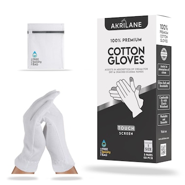 Touch Screen 1 Size Large 5 Pairs 100% Premium Cotton Gloves for Dry Hands   Moisturizing Overnight Gloves for Eczema, Psoriasis &amp; Skin Spa Treatment for Women &amp; Men   Free Laundry Bag