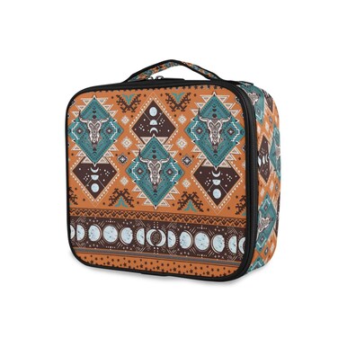 ALAZA Makeup Case Indian Tribal Aztec Ornament Geometric Pattern with Skulls Cosmetic Bag Organizer Travel Portable Storage Toiletry Bag Makeup Train Case with Adjustable Dividers for Women