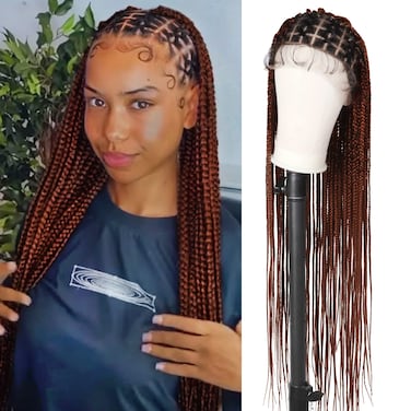 36" Full Lace Criss Cross Knotless Box Braided Wigs for Black Women Knotless Box Braids Lace Front Wig with Baby Hair Lightweight Synthetic Dark Brown Cornrow Braided Wigs (1B/30)