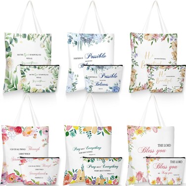 Aliceset 12 Pcs Christian Gift for Women Including 6 Pcs Bible Verse Tote Bags 6 Pcs Inspirational Makeup Bags with Zipper Religious Motivational Gifts for Coworkers Women Birthday Christmas Church
