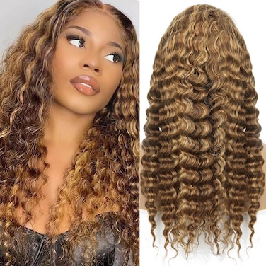 16Inch Highlighted Deep wave Lace Front Wig Human Hair Honey Blonde Highlight Deep Wave Wigs Human Hair 4/27 Curly Highlighted Wig for Black Women Pre-Plucked 180% Ombre Curly Wigs Glueless