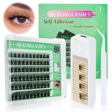 ALLOVE Heatinglashes Self Adhesive Eyelashes Heated Pre-Glued Fluffy Lash Clusters Press on Lash Kit with Heater and Applicator Stickier Cluster Eyelash Extensions No Glue Needed DIY Lash Kit
