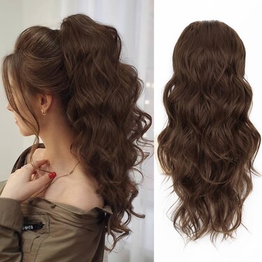 ALXNAN Ponytail Extension,Drawstring Ponytail Hair Extensions Light Brown Long Wave Ponytail for Women
