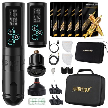 Ambition Vibe Complete Tattoo Kit - Professional Rotary Tattoo Machine Pen Brushless Motor with Extra 2400mAh Battery 100pcs Mixed Size Glory Tattoo Cartridge Needles for Tattoo Artist