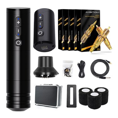 Ambition Ninja Wireless Tattoo Machine Kit Complete Rotary Coreless Motor Tattoo Pen Kit with Extra 2400mAh Battery 80pcs Glory Mixed Size Cartridge Needles Supply for Professional Tattoo Artist