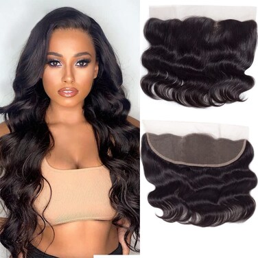 Amella Hair 13x4 Lace Frontal Closure Brazilian Body Wave Remy Human Hair Transparent Lace Frontal 150% Density Ear To Ear Pre Plucked With Baby Hair Natural Black Color (16 inch)
