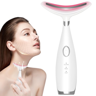 Neck Face Beauty Device, Skin Care Face Massager, 3 in 1 Facial Massage Tool with Heating &amp; Vibration, White