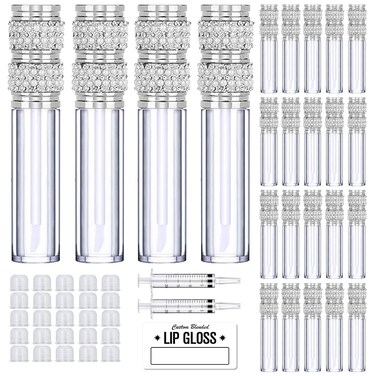AMORIX 24 Pack 5ml Lip Gloss Tubes with Wand Pearl Style Lip Gloss Containers Lipgloss Bottles with 2pcs Syringes + Labels for DIY Lip Gloss