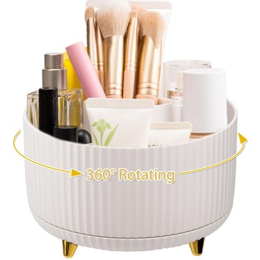 Makeup Brush Holder, Multi-angle Rotating Makeup Organizer, Multifunction Cosmetic Organizer for Bathroom Countertop, Bedroom Nightstand, Desktop, Makeup Desk Organizer, White
