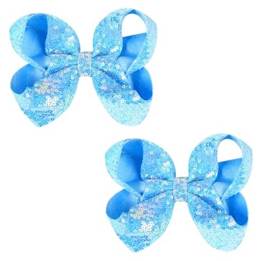 6 Inch Sky Blue Sparkly Glitter Sequin Hair Bows for Girls Toddlers Kids Children Teenage (2PCS)