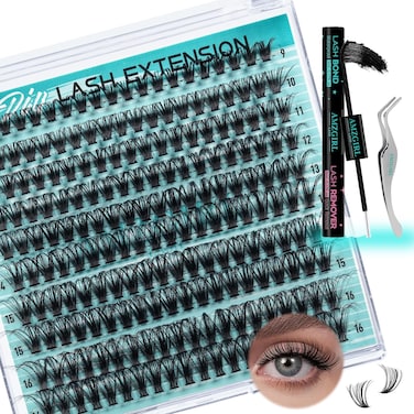 Lash Clusters Kit 200pcs, Eyelash Extension Kit 60D D Curl Diy Cluster Eyelashes Extensions Lash Bond and Remover Waterproof Lash Applicator Tools for 9-16mm Mix Lashes Beginner Self Use at Home