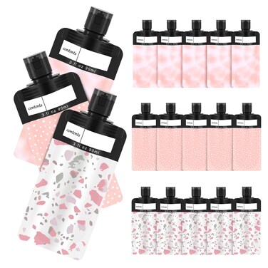 18 Pack Travel Pouches for Toiletries, TSA Approved Travel Pouches for Liquids,Travel Shampoo and Conditioner Pouches,Leak Proof 3oz Travel Squeeze Pouches(Pink)