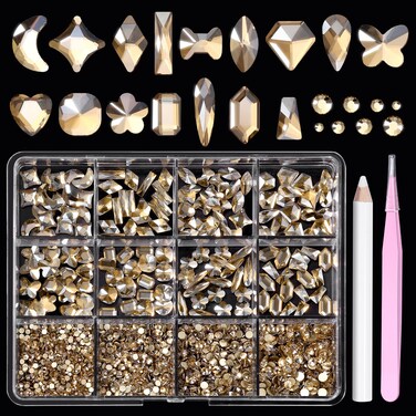 1980 Pcs Champagne Rhinestones for Nails, Flatback Crystal Nails Art Rhinestones, Flatback Glass Crystals Shiny Charms Multi Shape Champagne Diamond Nail Charms Gems for Nails Art DIY