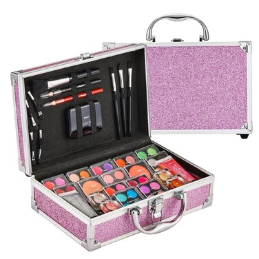Anpro All-In-One Makeup Carry Case with Pro Teen Makeup Set, Full Starter Cosmetics Kit with Makeup Brushes, Lipsticks, Eye Shadows Palette, Blushes, Glitter Gel-Purple