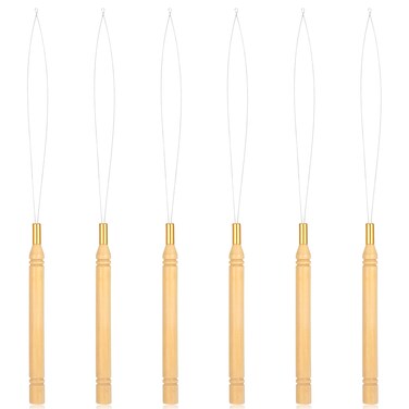 Bead Threader for Hair, Needle Threaders with Wooden Handle, Hair Extension Loop Needle Threader Hair Tinsel Pull-Through Loop Styling Tool for Silicone Hair Beads Feather Extensions