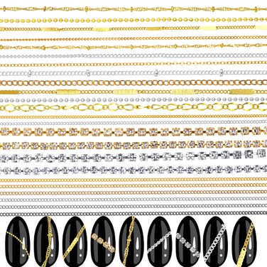 24 Strips Nail Art Chains, DIY Nail Jewelry Charms 3D Nail Chain Decor Gold Silver Metal Punk Pendant Nail Ornaments Line Nail Studs Charm for Women Design Nails Manicure Accessories (Style A+B)