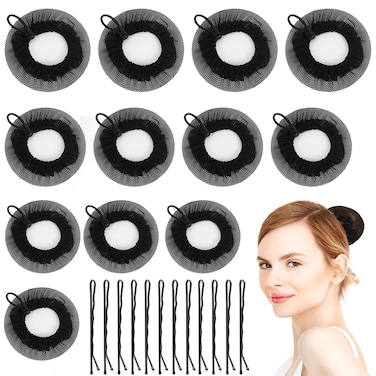 12pcs Hair Nets for Bun, 3 Different Sizes Elastic Mesh Hair Cover Invisible Wig Hair Bun Cover with Adjustable Drawstrings &amp; 48pcs Bobby Pins for Ballet Gymnastics Dancer Hair Bun Making