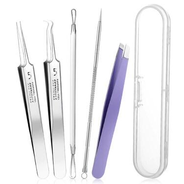 Ingrown Hair Removal Kit and Pimple Popper Tool Kit, 2 Blackhead Tweezers, 1 Tweezers for Ingrown Hair Removal, 2 Pimple Extractor Pore Extractor Blackhead Remover Tool for Face