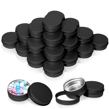 30 Pack 0.5 Ounce Aluminum Tin Cans, 15 ml Aluminum Screw Lid Round Tin Container Bottle, for Lip Balm, Eye Shadow, Creams, Black.