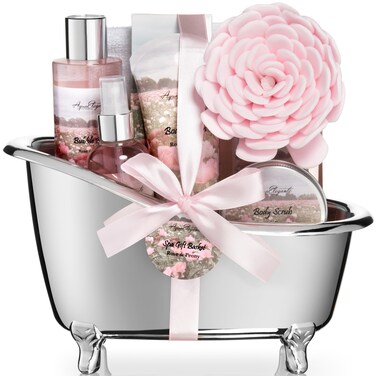 Spa Gift Baskets For Women - Luxury Bath Set With Rose Oil &amp; Peony - Spa Kit Includes Body Wash, Bubble Bath, Lotion, Bath Salts, Body Scrub, Body Spray, Shower Puff, and Towel