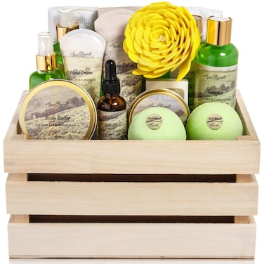 Bath Spa Gift Sets - Luxury Basket With Green Tea &amp; Lemongrass - Spa Kit Includes Wash, Bubble Bath, Lotion, Bath Salts, Body Scrub, Body Spray, Shower Puff, Bathbombs, Soap and Towel