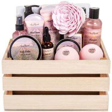 Bath Spa Gift Sets - Luxury Basket With Rose Oil &amp; Orchid - Spa Kit Includes Wash, Bubble Bath, Lotion, Bath Salts, Body Scrub, Body Spray, Shower Puff, Bathbombs, Soap and Towel