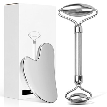 Aresvns Stainless Steel Facial Roller &amp; Gua Sha - Metal Gua Sha, Gua Sha Facial Tools Stainless Steel, Face Body Treatment, Reduce Puffiness, Lymphatic Drainage, Facial Tension