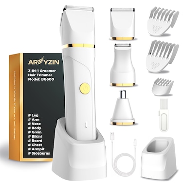 AREYZIN Bikini Trimmer for Women Painless Electric Razor for Women,3 in 1 Pubic Hair Trimmer for Women,USB Recharge Dock,Replaceable Ceramic Blade Heads,IPX7,Body Hair Trimmer,White
