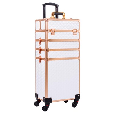 AROUS Rolling Makeup Train Case Large Storage Cosmetic Trolley 4 in 1 Large Capacity Trolley Makeup Travel Case with Key Swivel Wheels Salon Barber Case Traveling Cart Trunk, White