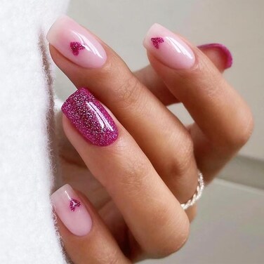 24Pcs Glossy Purple Love Heart False Nails Medium Square Valentines Press on Nails Purple Love Heart Fake Nails Sparkly Silver Stick on Nails Romantic Gift Gel Glue on Nails for Coquette Women Girls