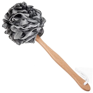 Shower Sponge Loofah Back Scrubber,Loofah on a Stick,PE Soft Mesh Loofah Body Scrubber with Wooden Handle,Bath Sponge for Women Kids (Black)