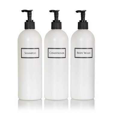 Silkscreened Empty Shower Bottle Set for Shampoo, Conditioner, and Body Wash, Cosmo/Bullet 16 oz 3-pack, White (Black Pumps)