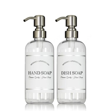 Clear Refillable Hand and Dish Soap Dispenser Set with Pumps for Kitchen Sink - PET Plastic Soap Bottles Refillable with Pump - Waterproof Labels - 16 oz, 2 Pack (Stainless Steel)