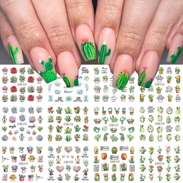12 Sheets Green Cactus Nail Art Stickers Decals Spring Summer Nail Art Design Cute Nail Decals Water Transfer for Nail Art Supplies Charming Nail Accessories for Women Nail Decorations