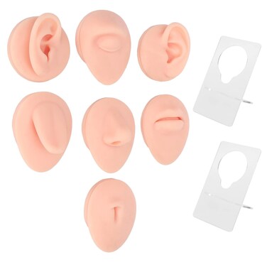 Asixxsix Piercing Practice Body Parts, Soft Practice Model with Tongue &amp; Mouth Model, Eye Nose Ear Model, Navel Model, Acrylic Stand, for Jewelry Display, Piercing Practice (Light Skin Color)