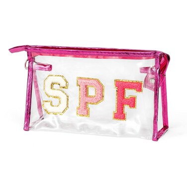 Preppy Patch SPF Cosmetic Bag SPF Varsity Letter Clear Toiletry Makeup Bag Waterproof PVC Cosmetic Case Multi-Function Zippered Makeup Pouch for Beach Pool, Pencil Case Pen Pouch(Rose Red)