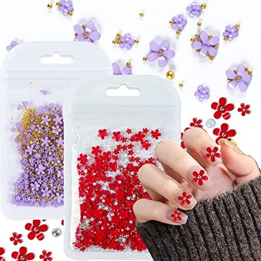 3D Flower Nail Art Decals Charms, Purple Red 3D Acrylic Flower Nail Charms with Pearl Golden Caviar Beads for Women DIY Manicures Salon Accessories