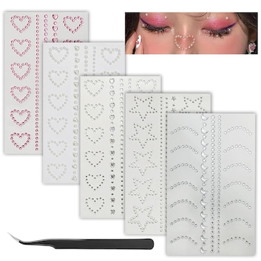 Self Adhesive Face Gems Pearls for Makeup, 5 Sheets 3D Star Heart Moon Shape Hair Jewels Diamonds with Tweezers, Bling Rhinestone Stickers for Crafts,Face,Nail (White red)