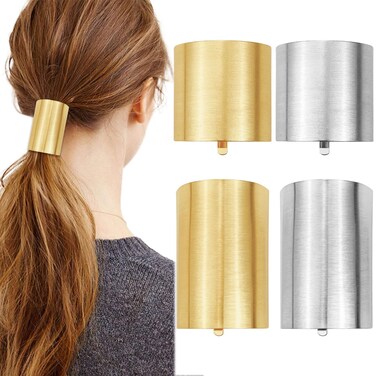 4 Pcs Ponytail Holder Hair Clips Metal High Ponytail Hair Cuff Simple Cylinder Hair Buckle Barrettes French Decorative Hair Ring for Long Hair Horsetail Accessories for Women