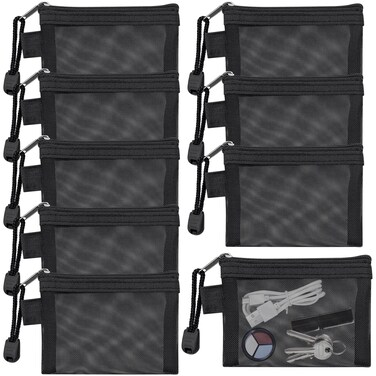 Aswewamt 9 Pcs Mini Zipper Mesh Bags, 4.3" x 3" Small Nylon Key Holder Cosmetic Pouch Portable Travel Makeup Cosmetic Mesh Zipper Bags for Purse Lipstick Earphone Keys Cards (Black)
