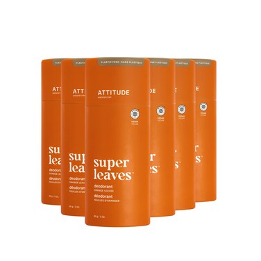 ATTITUDE Plastic-Free Deodorant, EWG Verified, Aluminum Free, Vegan Naturally Sourced Body Deodorants for Women &amp; Men, Dermatologically Tested, Orange Leaves, 3 Ounces (Pack of 6)
