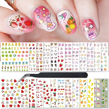 24 Sheets Nail Stickers Nail Art for Women Girls Cherry Fruit Yellow Duck Rabbit Cute Animals Self Adhesive DIY Design Printing Kids Nail Stickers Spring Nail Decoration Decals 1 Tweezers