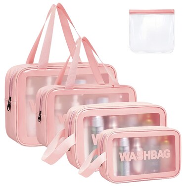 5PCS Clear Toiletry Bags, Wash Bag, Clear PU Makeup Bag, Waterproof Toiletry Travel Bag with Zipper Handle, Portable Airport Cosmetic Bag for Travel Bathroom Men Women (Pink)