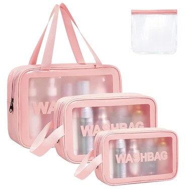 4PCS Clear Toiletry Bags, Wash Bag, Clear PU Makeup Bag, Waterproof Toiletry Travel Bag with Zipper Handle, Portable Airport Cosmetic Bag for Travel Bathroom Men Women (Pink)