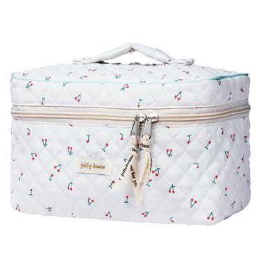 Cotton Makeup Bag Large Travel Cosmetic Bag, Coquette Aesthetic Floral Toiletry Bag, Quilted Makeup Organizer, Come with a Drawstring Pocket (White Floral)